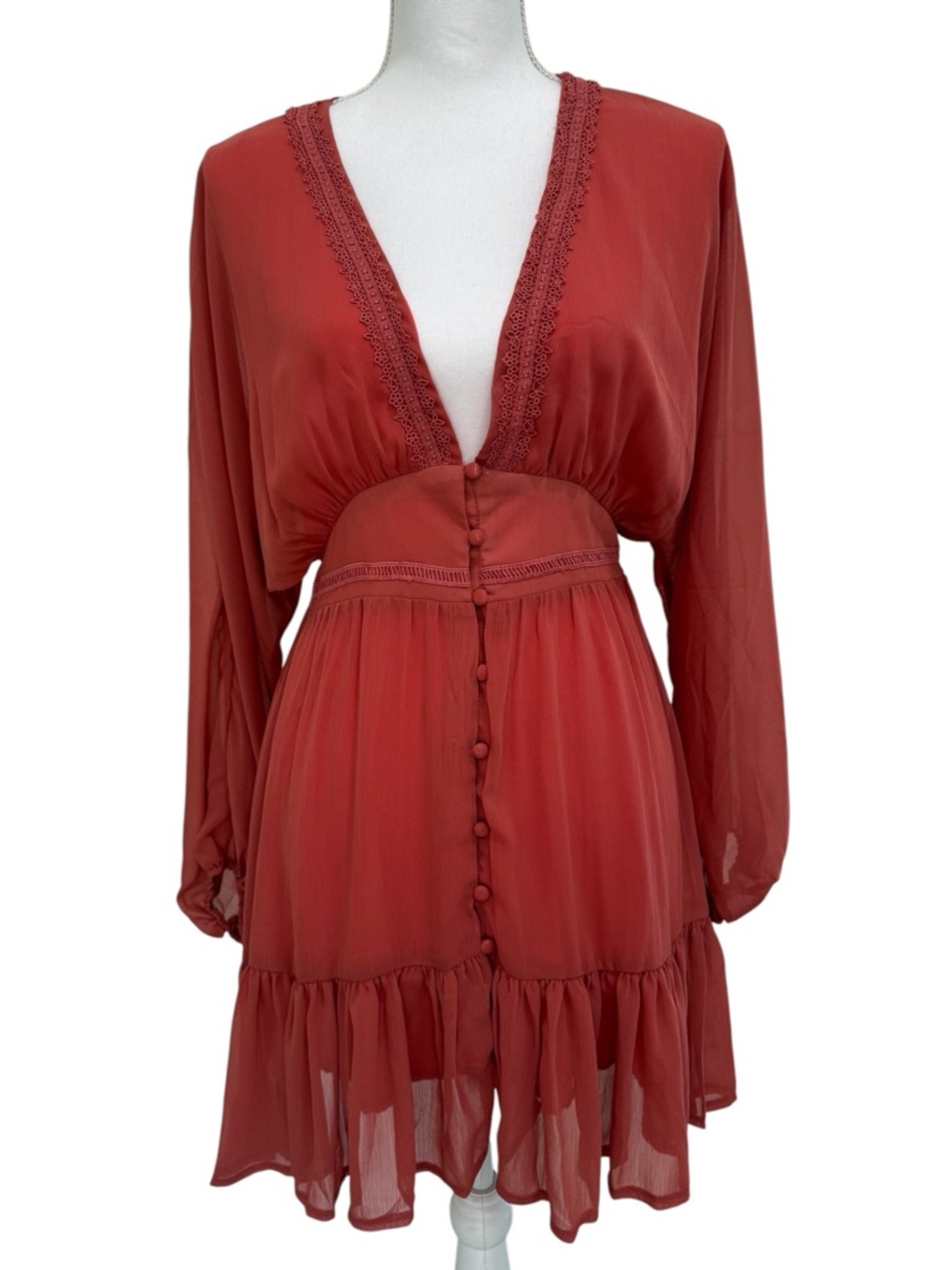 Vici Rust Red Lace-Trim Button Front Babydoll Dress size small